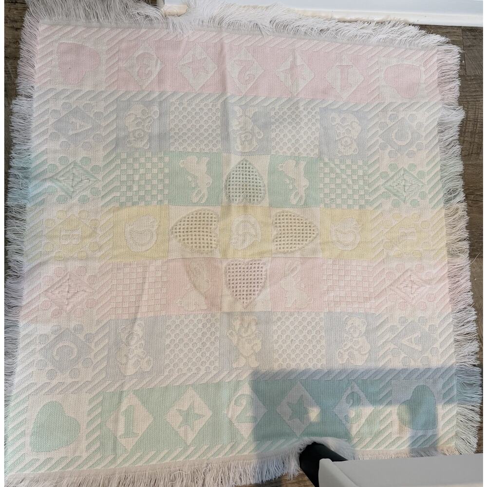 Vintage Baby Blanket Woven Tapestry Fringe Pastel Heart Bunny Teddy Bear ABC 123